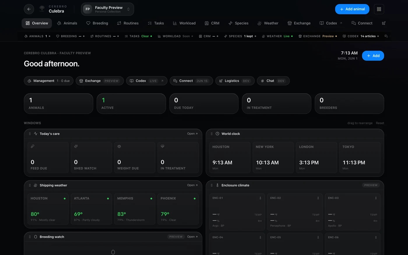 The Cerebro Culebra collection dashboard, showing today's care and enclosure climate